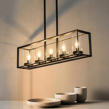 Black Metal Frame 5-Light Kitchen Island Linear Pendant Light Modern Style